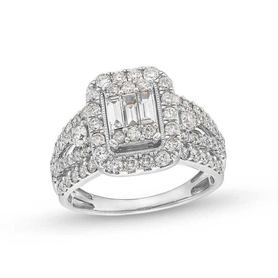 Zales 1-1/2 Ct. T.W. Emerald-Shaped Multi-Diamond Frame Multi-Row Split Shank Engagement Ring In 14K White Gold Rings