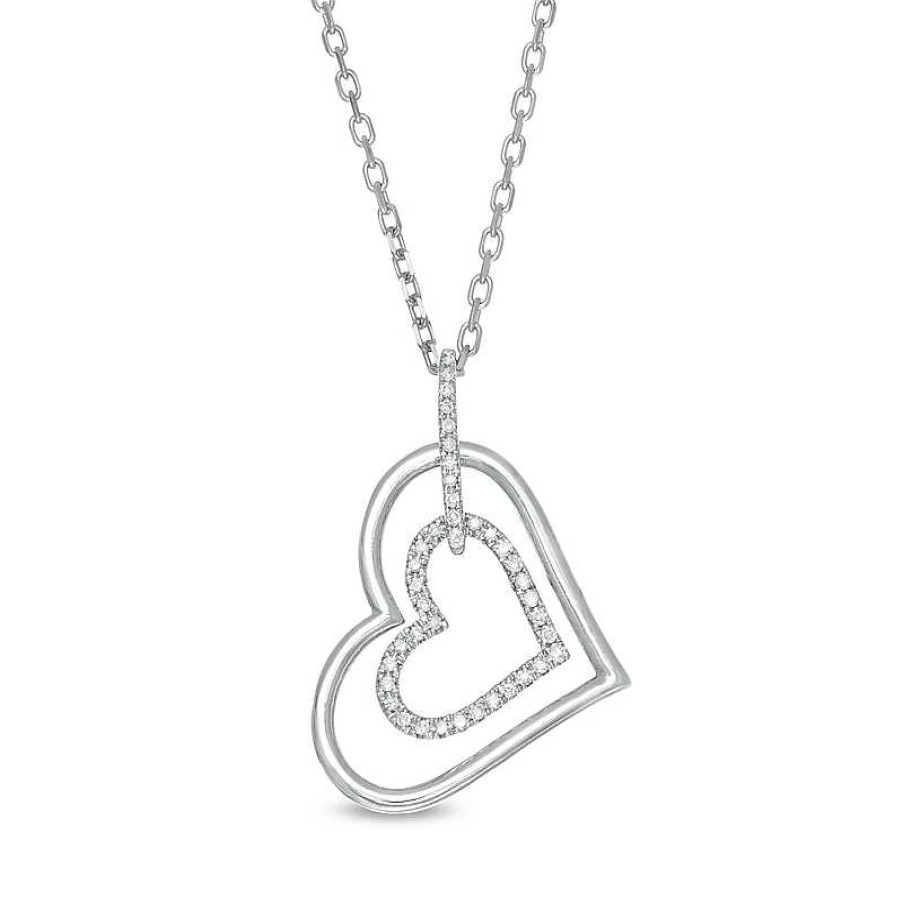 Zales Vera Wang Love Collection 1/8 Ct. T.W. Diamond Tilted Double Heart Outline Pendant In Sterling Silver - 19" Necklaces