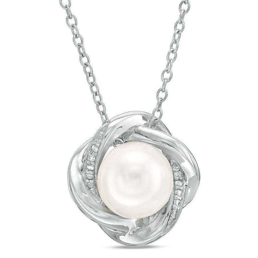 Zales 8.0Mm Cultured Freshwater Pearl And Lab-Created White Sapphire Love Knot Pendant In Sterling Silver Necklaces