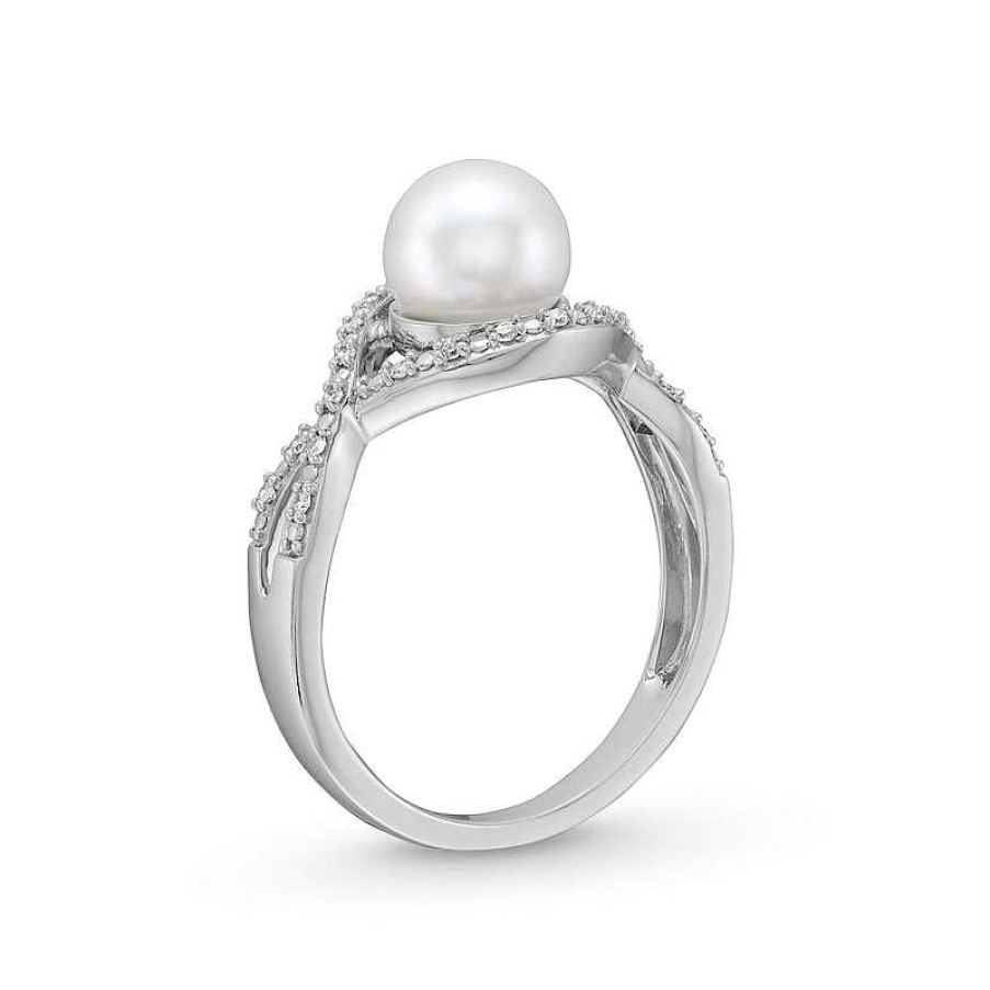 Zales 7.0Mm Button Cultured Freshwater Pearl And 1/10 Ct. T.W. Diamond Infinity Twist Shank Ring In 10K White Gold Rings