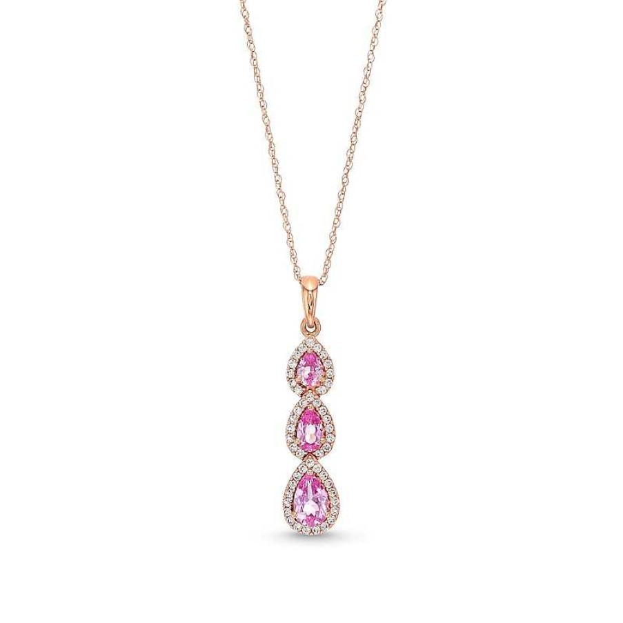 Zales Pear-Shaped Pink And White Lab-Created Sapphire Frame Three Stone Linear Drop Pendant In 10K Rose Gold Necklaces