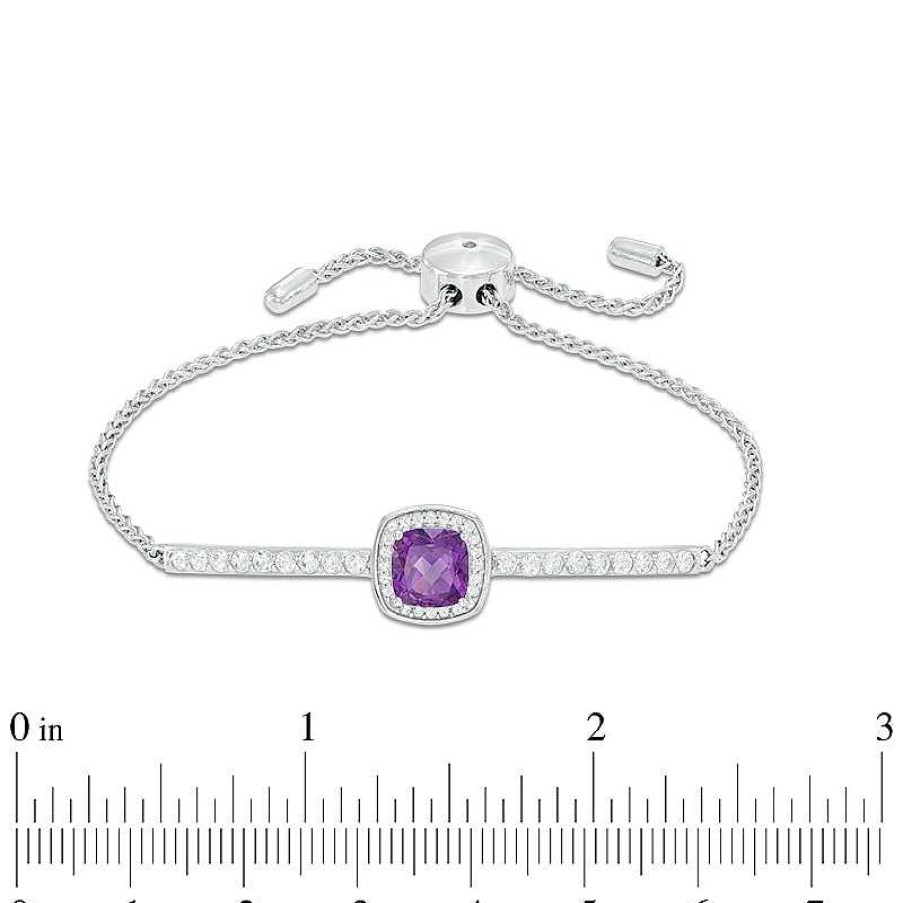 Zales 7.0Mm Cushion-Cut Amethyst And Lab-Created White Sapphire Frame Bolo Bracelet In Sterling Silver - 9.0" Bracelets