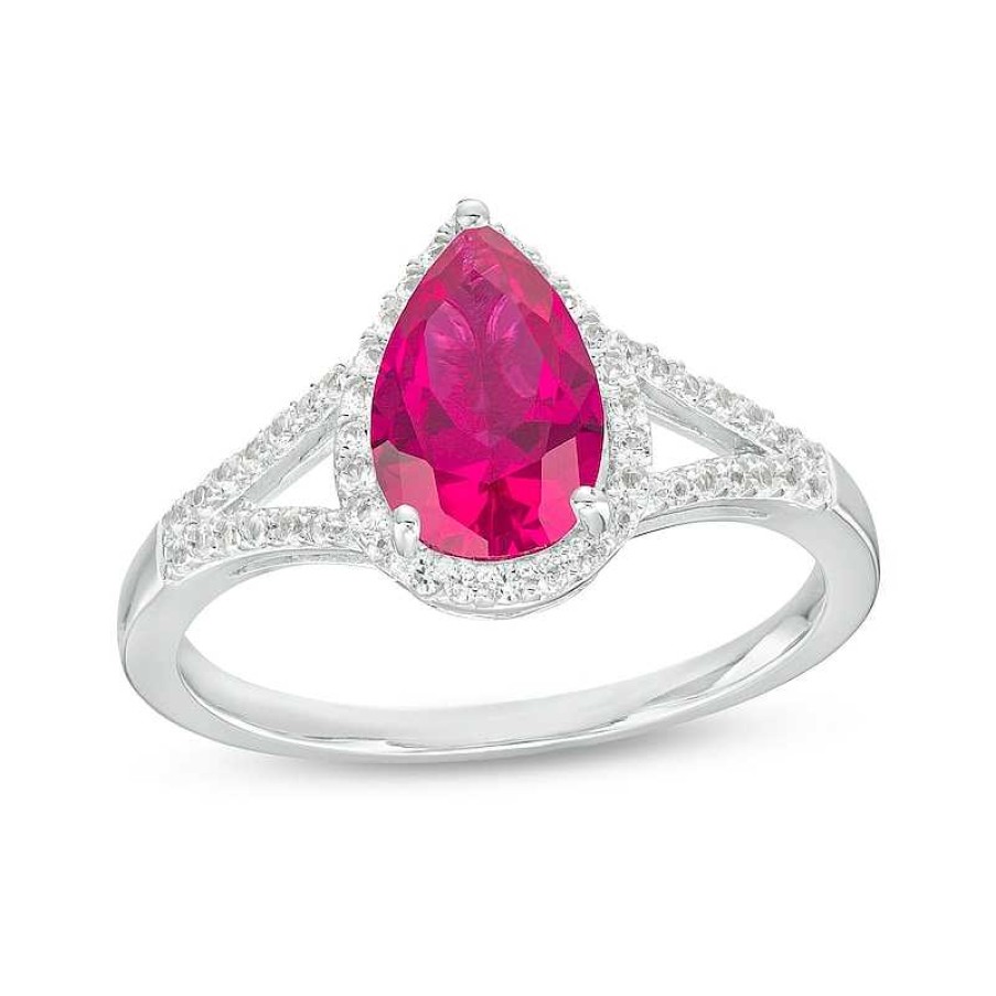 Zales Pear-Shaped Lab-Created Ruby And White Lab-Created Sapphire Frame Split Shank Ring In Sterling Silver Rings