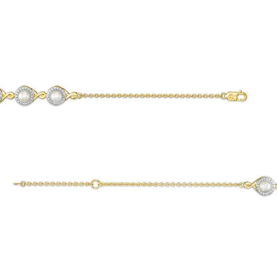 Zales 4.0Mm Cultured Akoya Pearl And Diamond Accent Five Stone Bracelet In 10K Gold 8.0" Bracelets