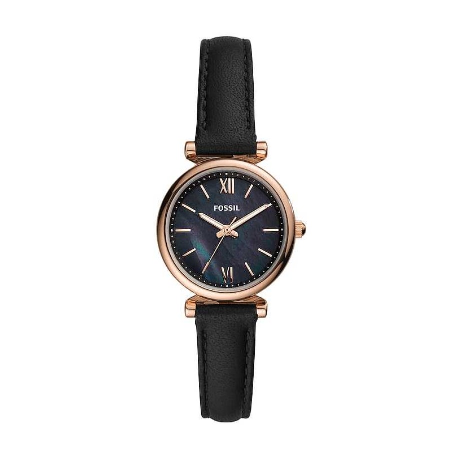 Fossil Ladies' Fossil Carlie Mini Rose-Tone Black Leather Strap Watch With Black Mother-Of-Pearl Dial (Model: Es4700) Watches