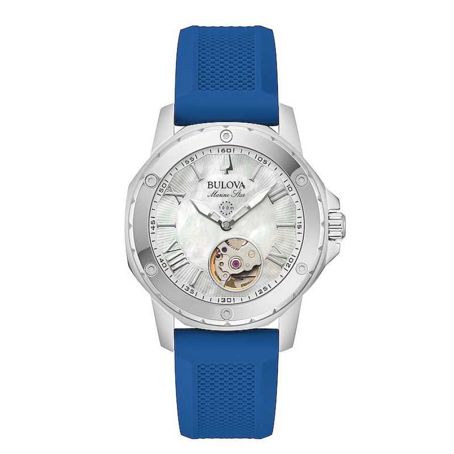 Bulova Ladies' Bulova Marine Star White Mother-Of-Pearl Dial Watch With Blue Silicone Strap In Stainless Steel (Model 96L324) Watches