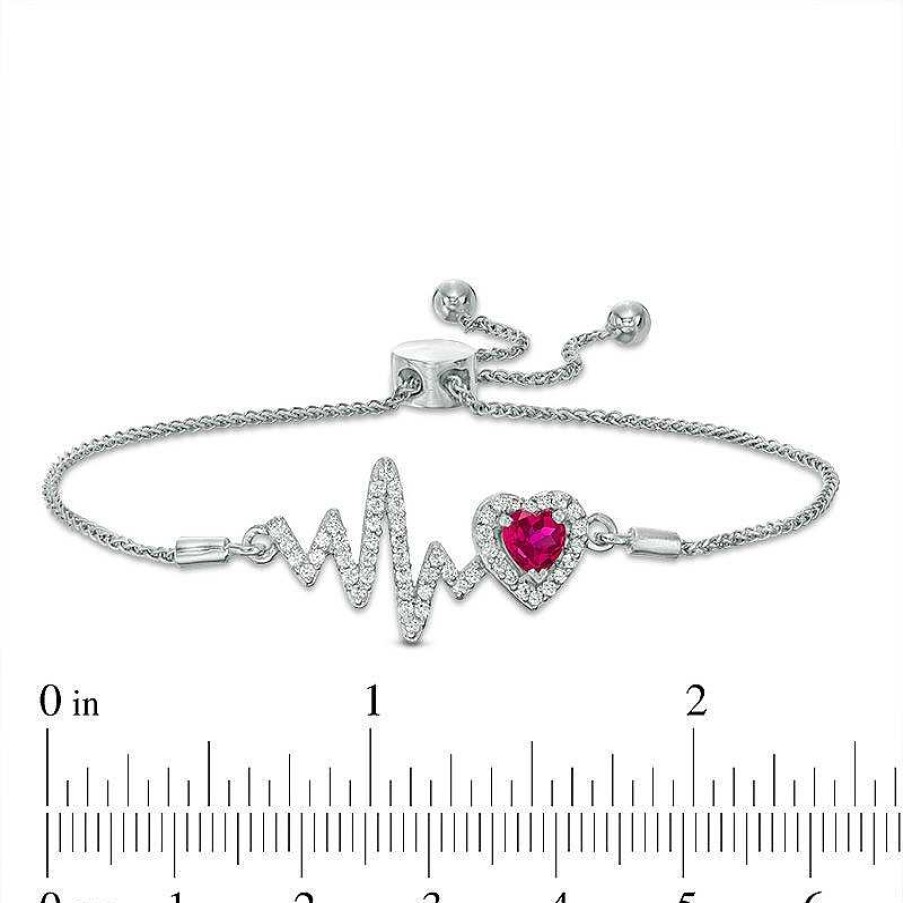 Zales 5.0Mm Heart-Shaped Lab-Created Ruby And White Sapphire Frame Heartbeat Bolo Bracelet In Sterling Silver - 9.5" Bracelets