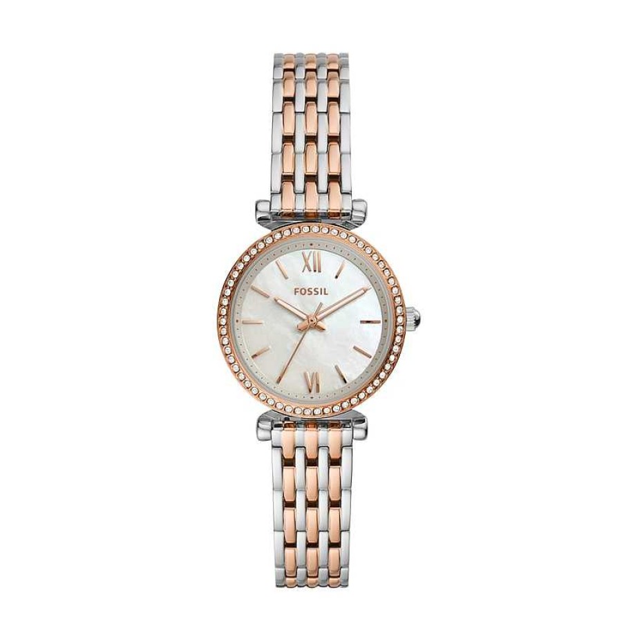 Fossil Ladies' Fossil Carlie Mini Crystal Accent Two-Tone Watch With Mother-Of-Pearl Dial (Model: Es4649) Watches