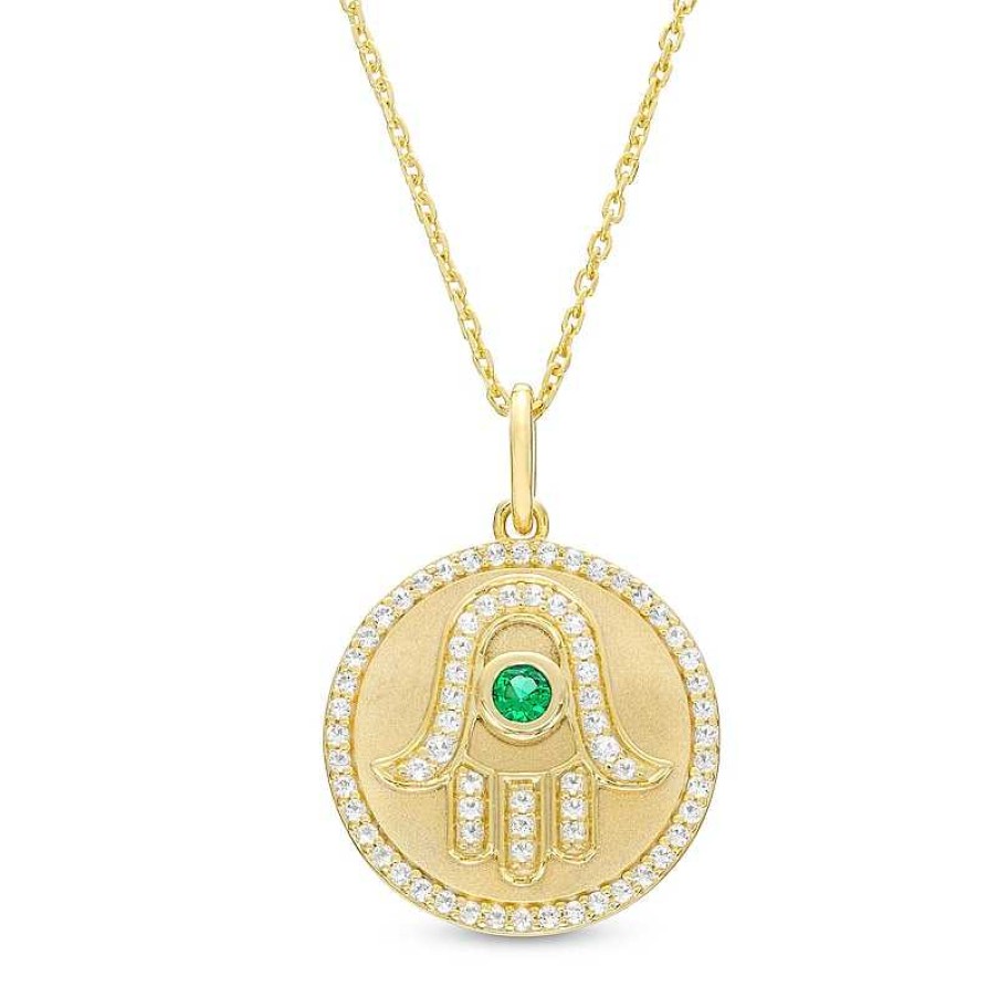 Zales Lab-Created Emerald And White Lab-Created Sapphire Frame Hamsa Medallion Pendant In Sterling Silver With 10K Gold Plate Necklaces