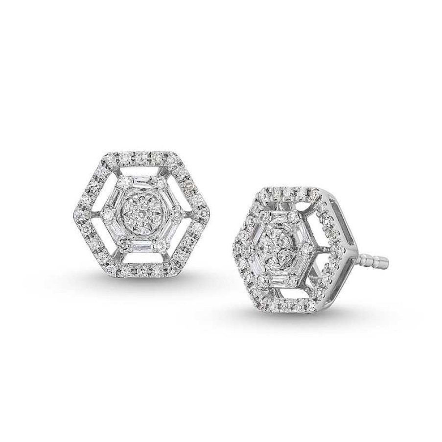 Zales 1/5 Ct. T.W. Hexagon Multi-Diamond Open Frame Stud Earrings In Sterling Silver Earrings