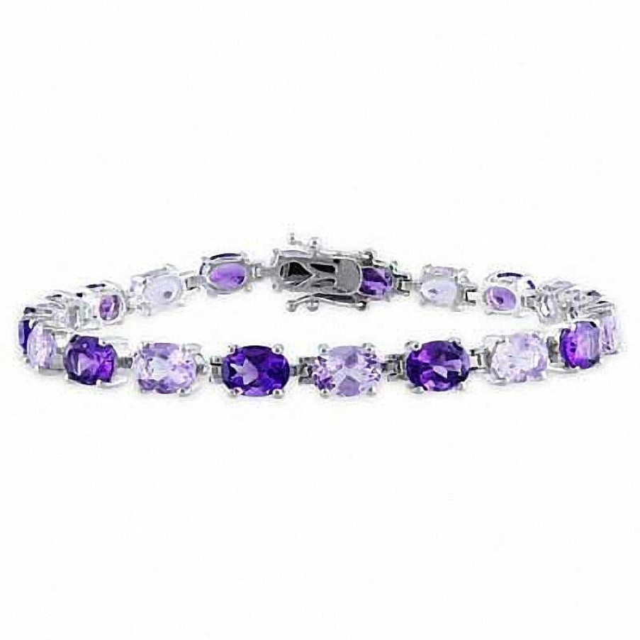 Zales Oval-Shaped Alternating Amethyst Bracelet In Sterling Silver - 7.25" Bracelets