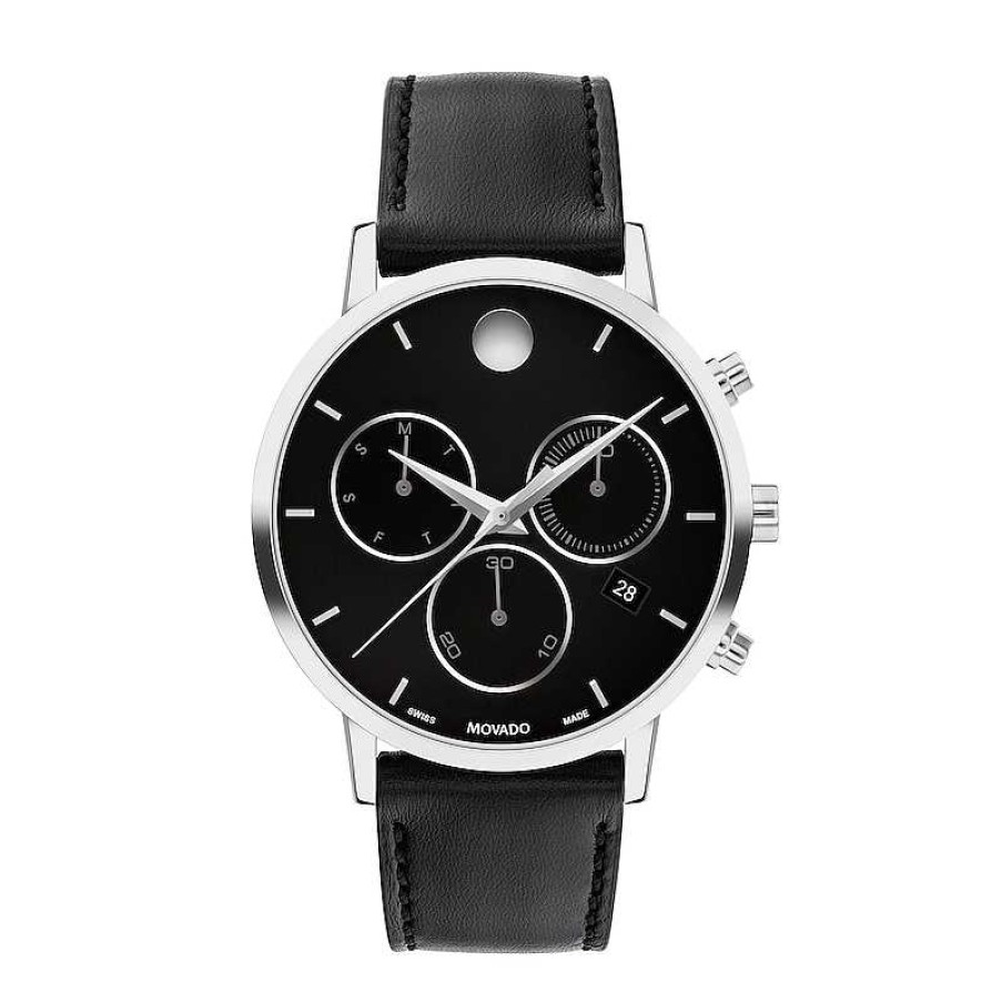 Movado Men'S Movado Museum® Classic Black Strap Chronograph Watch With Black Dial And Date Window (Model: 0607778) Watches