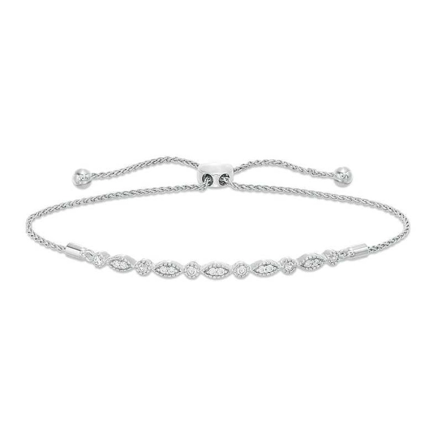 Zales 1/4 Ct. T.W. Diamond Marquise And Circle Vintage-Style Bolo Bracelet In Sterling Silver - 9.25" Bracelets