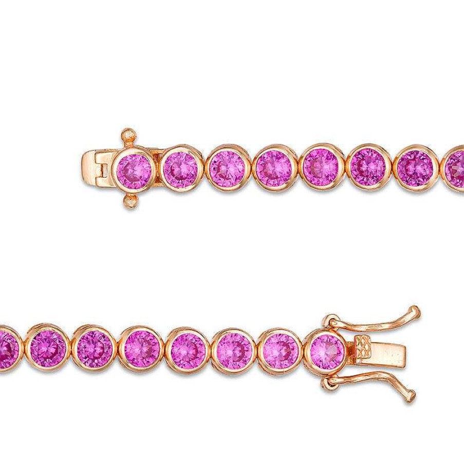 Zales Lab-Created Pink Sapphire Bezel-Set Tennis Bracelet In Sterling Silver With 14K Rose Gold Plate - 7.25" Bracelets