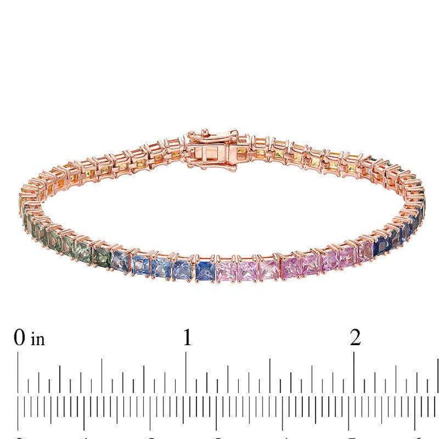 Zales Princess-Cut Lab-Created Multi-Color Sapphire Tennis Bracelet In Sterling Silver With 14K Rose Gold Plate Bracelets