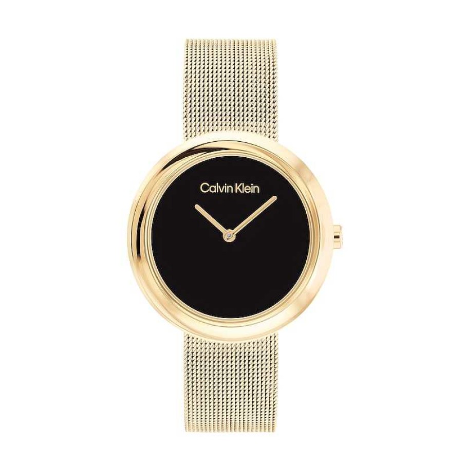 Calvin Klein Ladies' Calvin Klein Gold-Tone Ip Mesh Watch With Black Dial (Model: 25200012) Watches