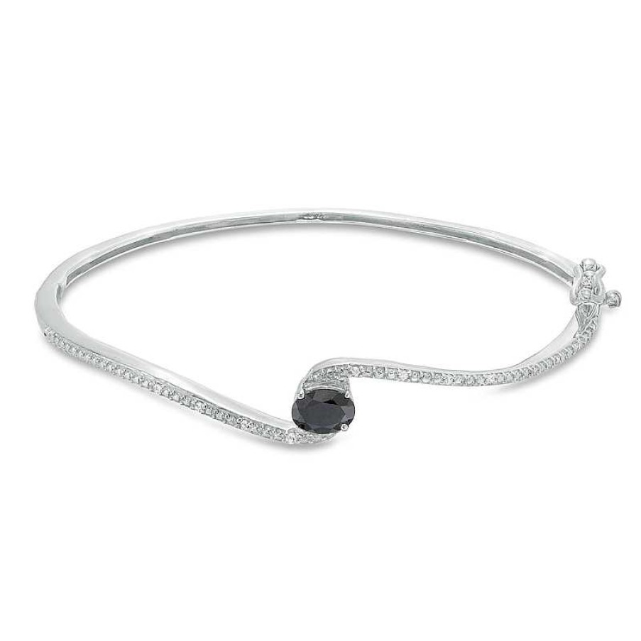 Zales Oval Black Sapphire And 1/20 Ct. T.W. Diamond Bypass Bangle In Sterling Silver Bracelets