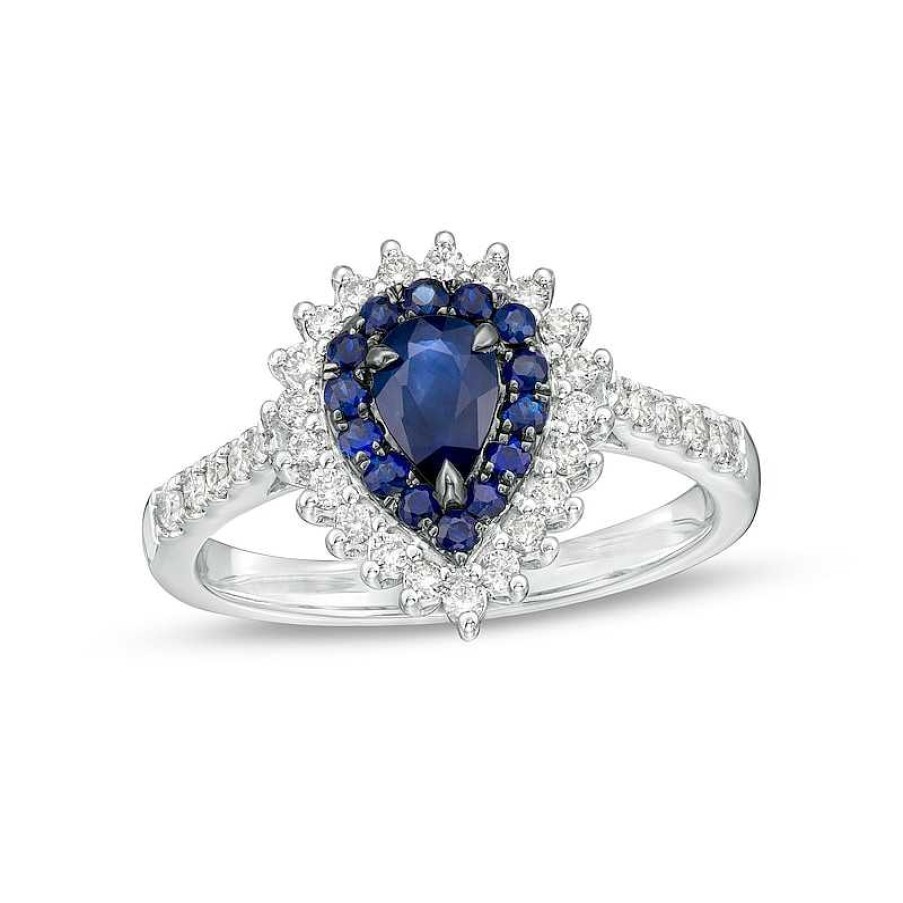 Zales Pear-Shaped Blue Sapphire And 1/3 Ct. T.W. Diamond Frame Ring In 10K White Gold Rings