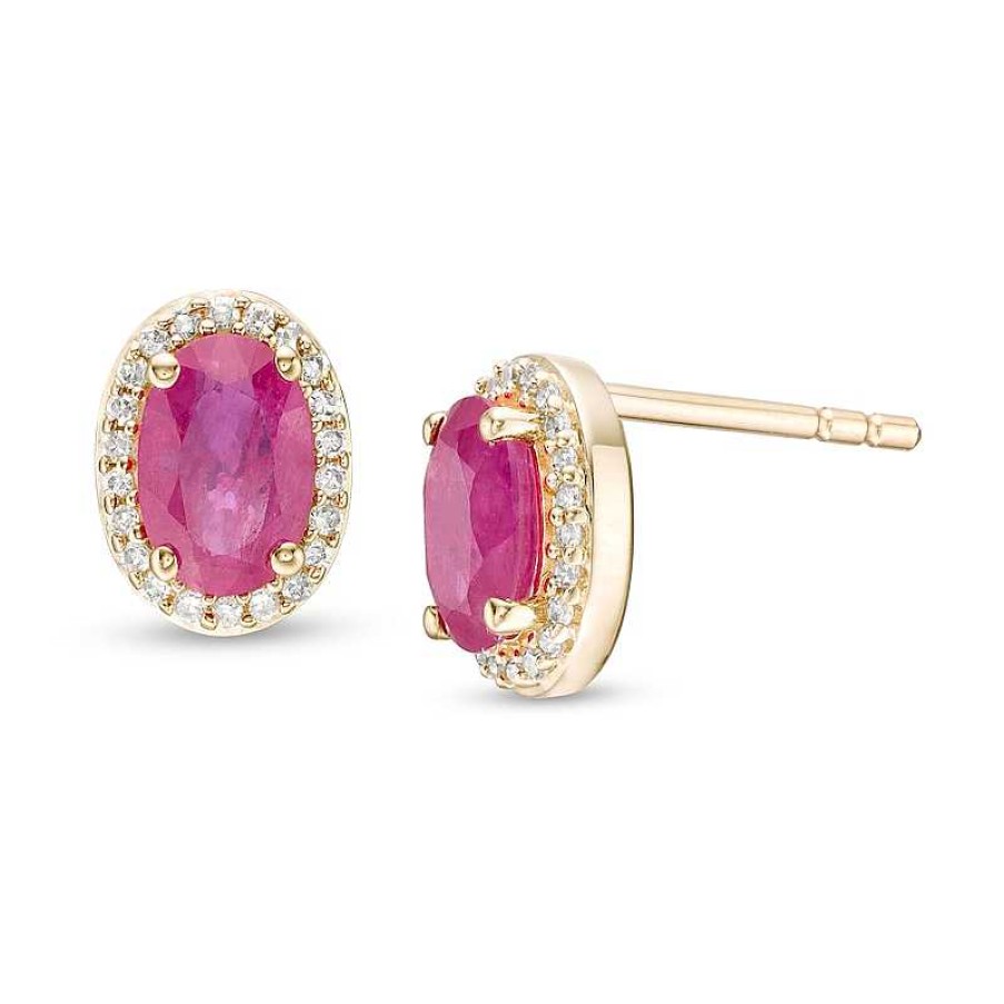 Zales Oval Ruby And 1/10 Ct. T.W. Diamond Frame Stud Earrings In 10K Gold Earrings