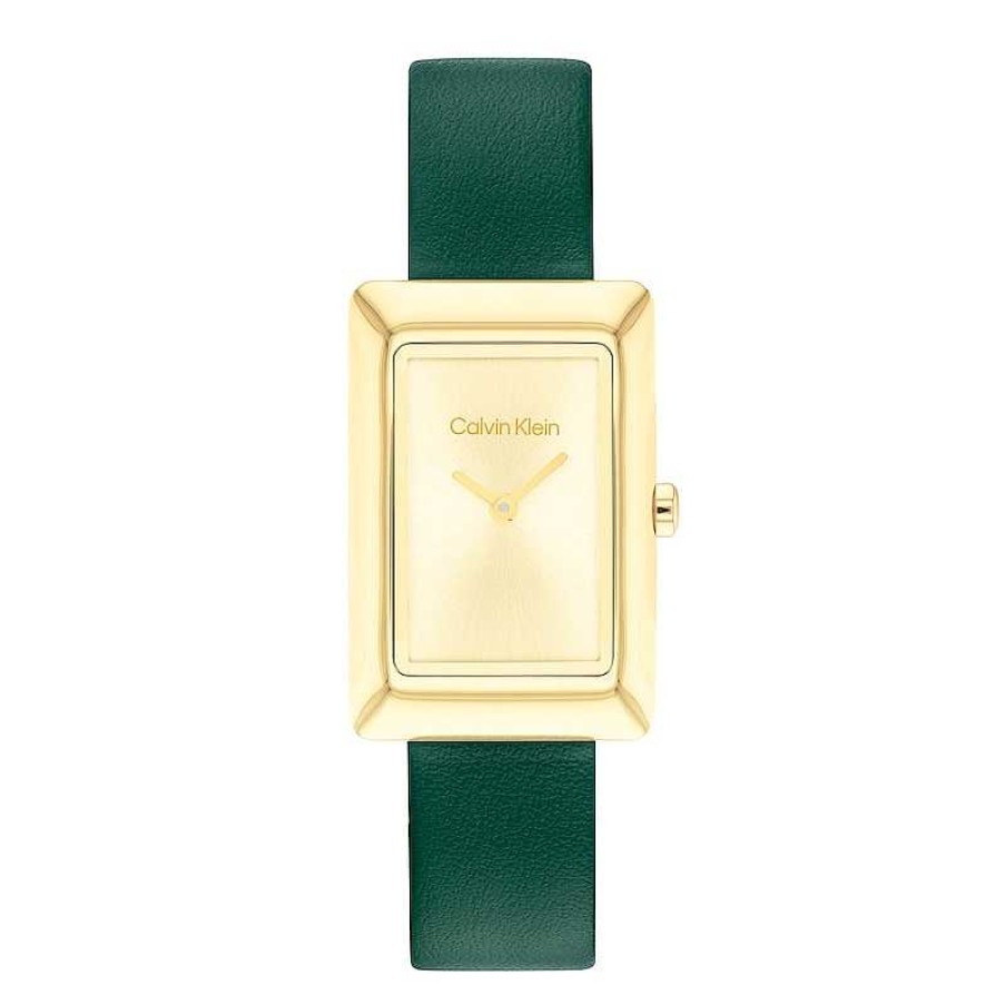 Calvin Klein Ladies' Calvin Klein Gold-Tone Ip Green Leather Strap Watch With Rectangular Dial (Model: 25200397) Watches