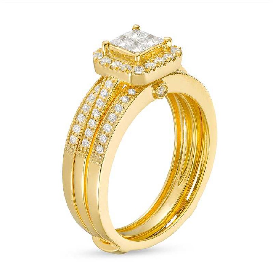 Zales 3/4 Ct. T.W. Quad Princess-Cut Diamond Frame Bridal Set In 10K Gold (I/I2) Rings