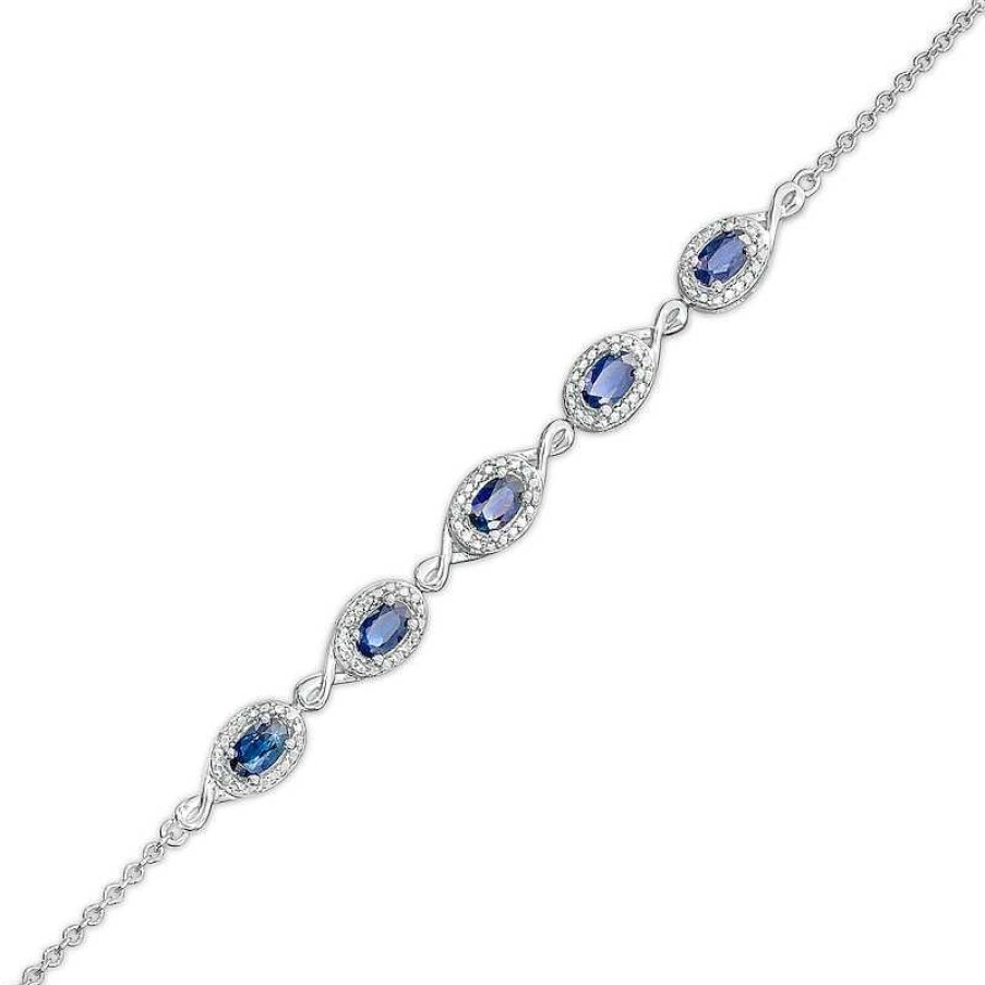 Zales Oval Blue Sapphire And Diamond Accent Twist Five Stone Bracelet In 10K White Gold 8.0" Bracelets