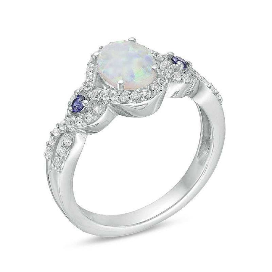 Zales Oval Lab-Created Opal, Blue Sapphire And White Sapphire Open Frame Twist Shank Ring In Sterling Silver Rings