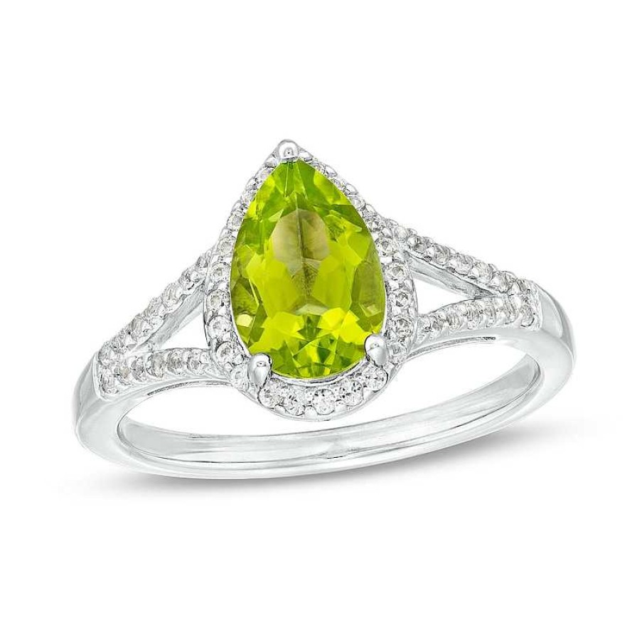 Zales Pear-Shaped Peridot And White Lab-Created Sapphire Frame Split Shank Ring In Sterling Silver Rings