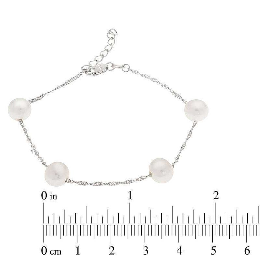 Zales 7.0-8.0Mm Oval Cultured Freshwater Pearl Station Bracelet In Sterling Silver - 8.5" Bracelets