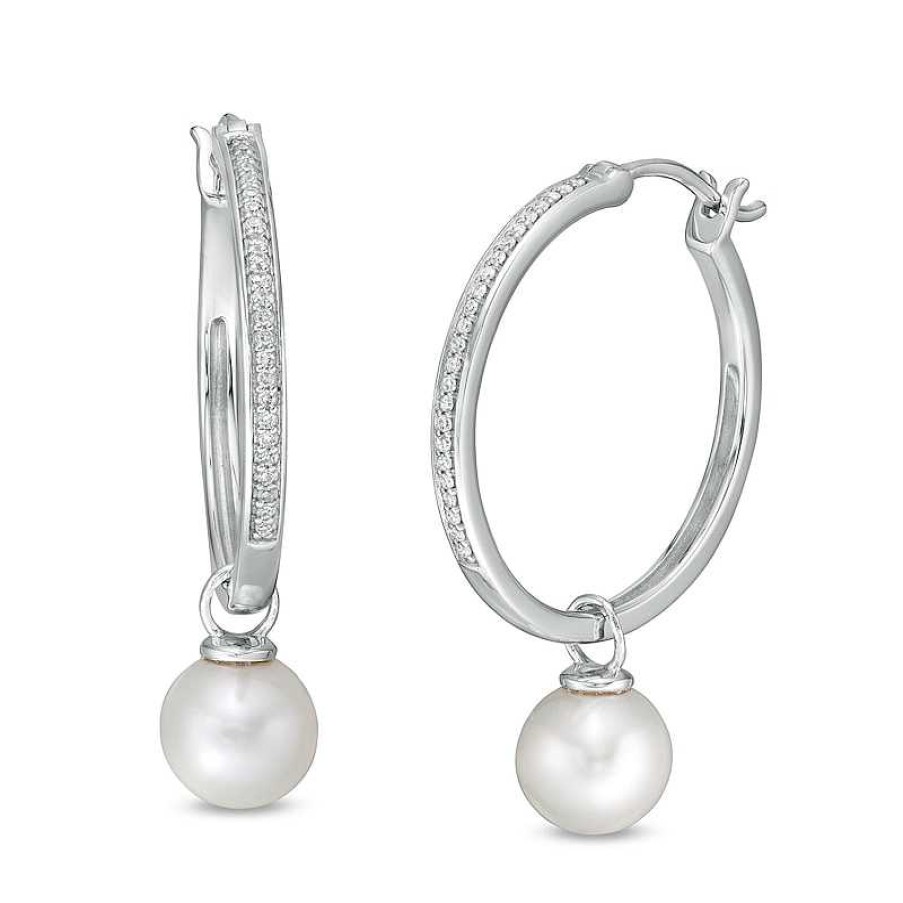 Zales 7.0Mm Button Cultured Freshwater Pearl And 1/10 Ct. T.W Diamond Drop Hoop Earrings In 10K White Gold Earrings