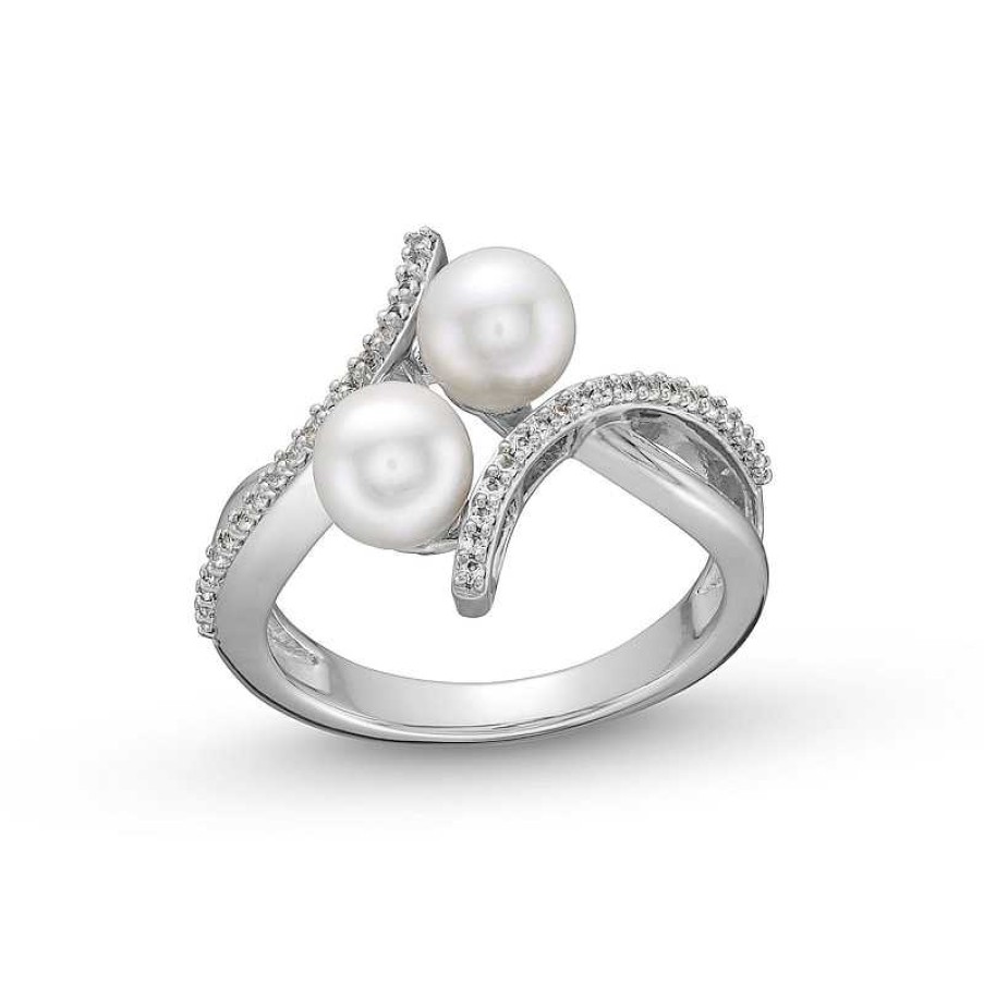 Zales 6.0Mm Cultured Freshwater Pearl And White Lab-Created Sapphire Duo Bypass Ring In Sterling Silver Rings