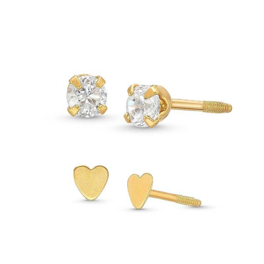 Zales Child'S Cubic Zirconia Solitaire And Flat Heart Stud Earrings Set In 14K Gold Earrings