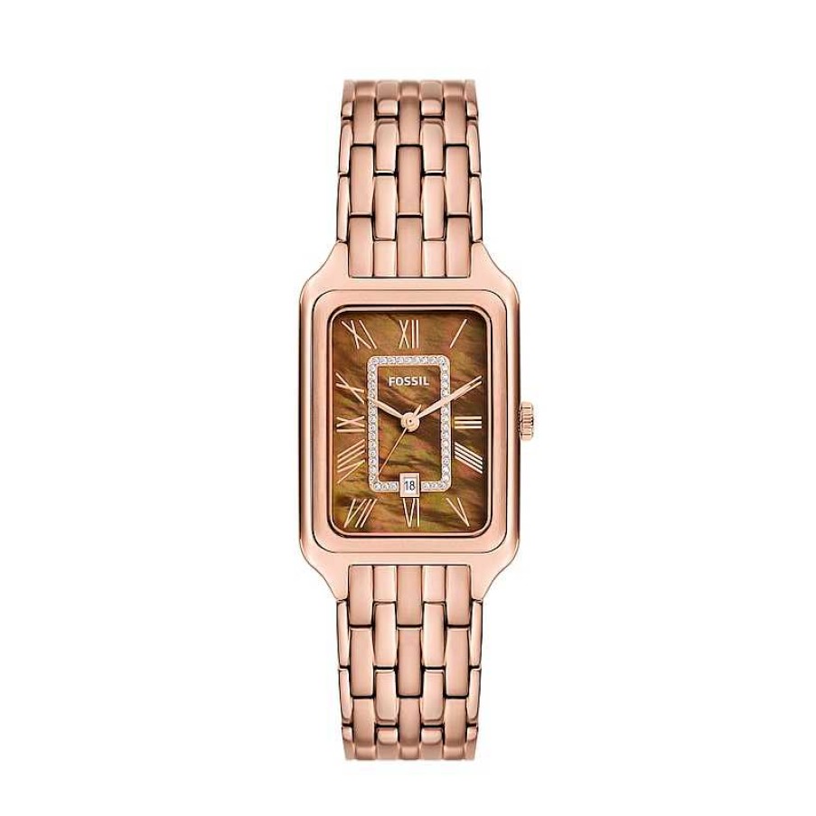 Fossil Ladies' Fossil Raquel Crystal Accent Rose-Tone Ip Watch With Rectangular Brown Dial (Model: Es5323) Watches