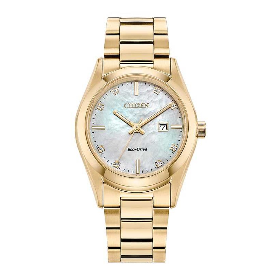 Citizen Ladies' Citizen Eco-Drive® Diamond Accent Gold-Tone Watch With Mother-Of-Pearl Dial (Model: Ew2702-59D) Watches