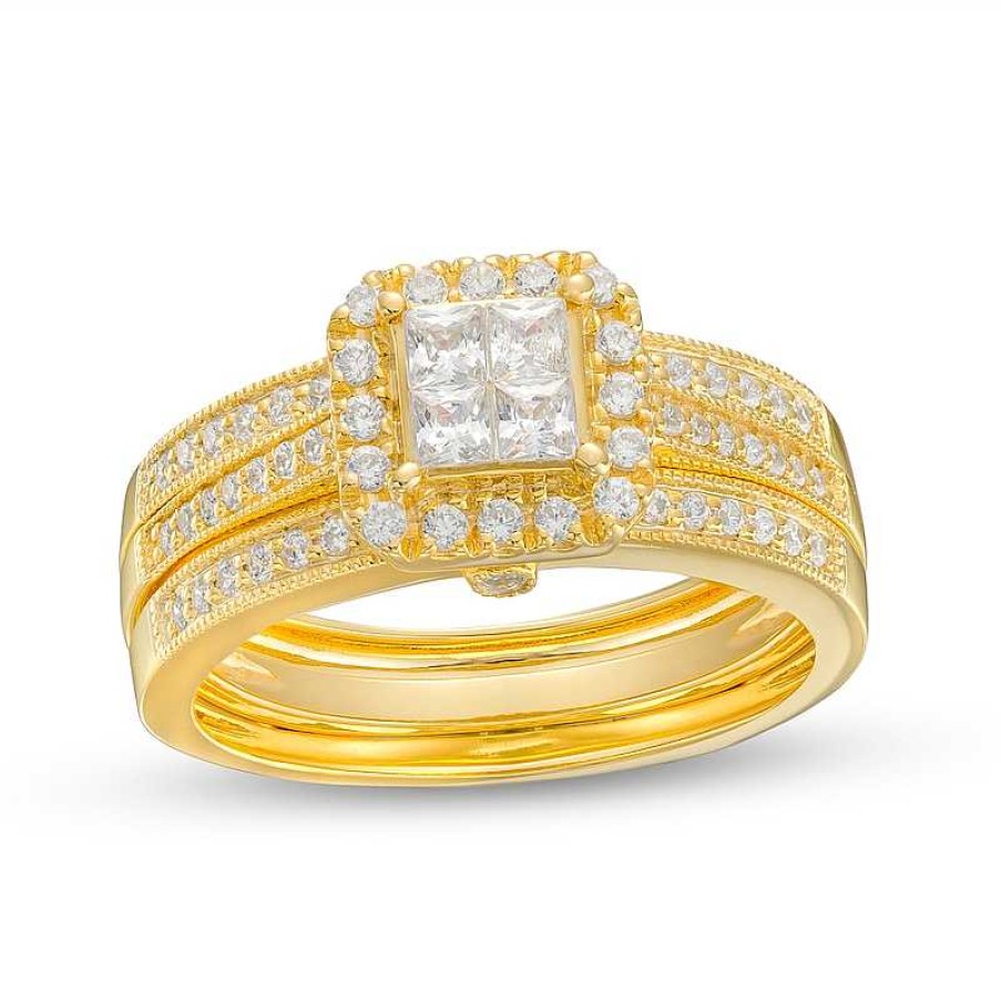 Zales 3/4 Ct. T.W. Quad Princess-Cut Diamond Frame Bridal Set In 10K Gold (I/I2) Rings