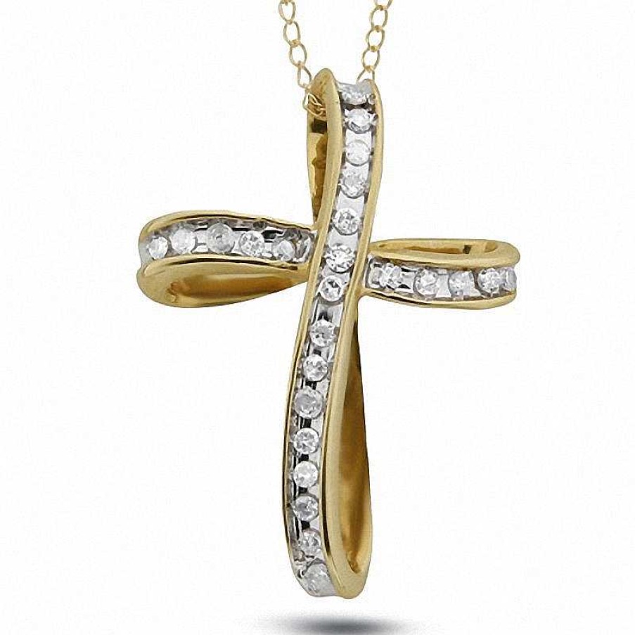 Zales 1/8 Ct. T.W. Diamond Loop Cross Pendant In 10K Gold Necklaces