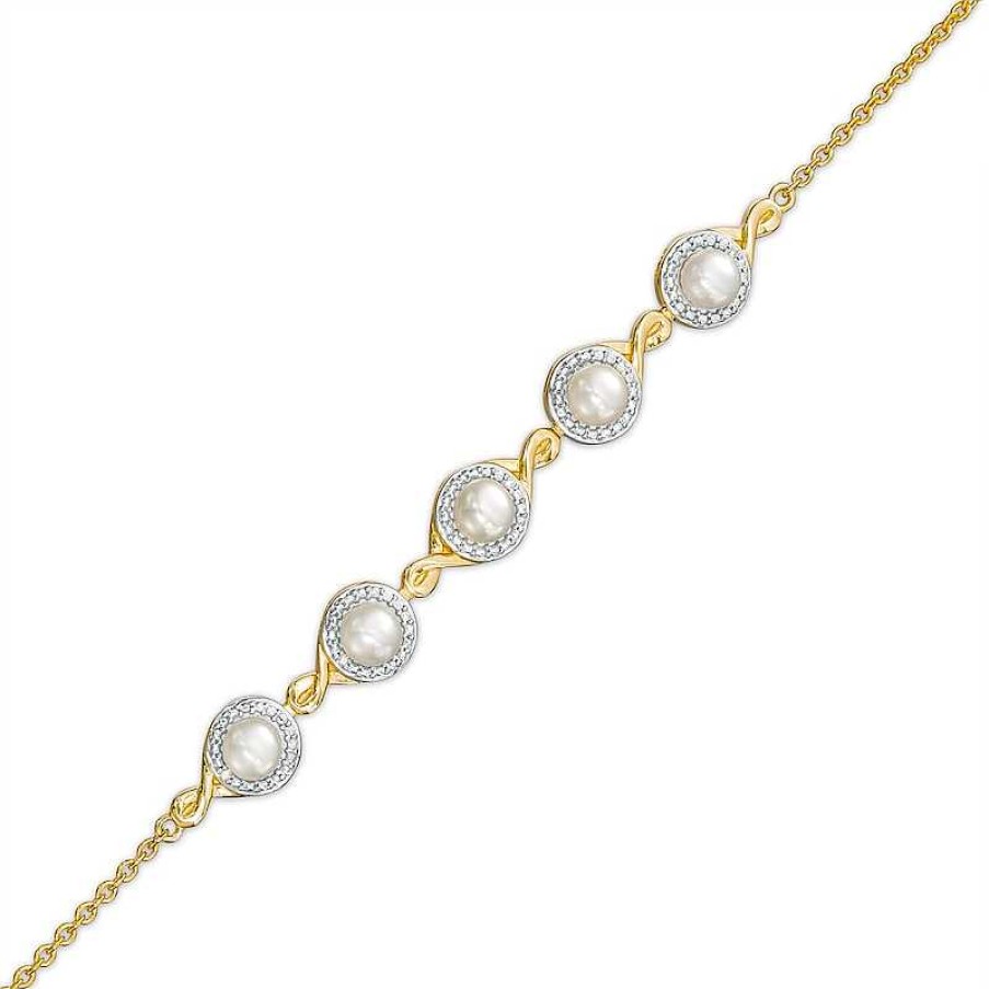 Zales 4.0Mm Cultured Akoya Pearl And Diamond Accent Five Stone Bracelet In 10K Gold 8.0" Bracelets