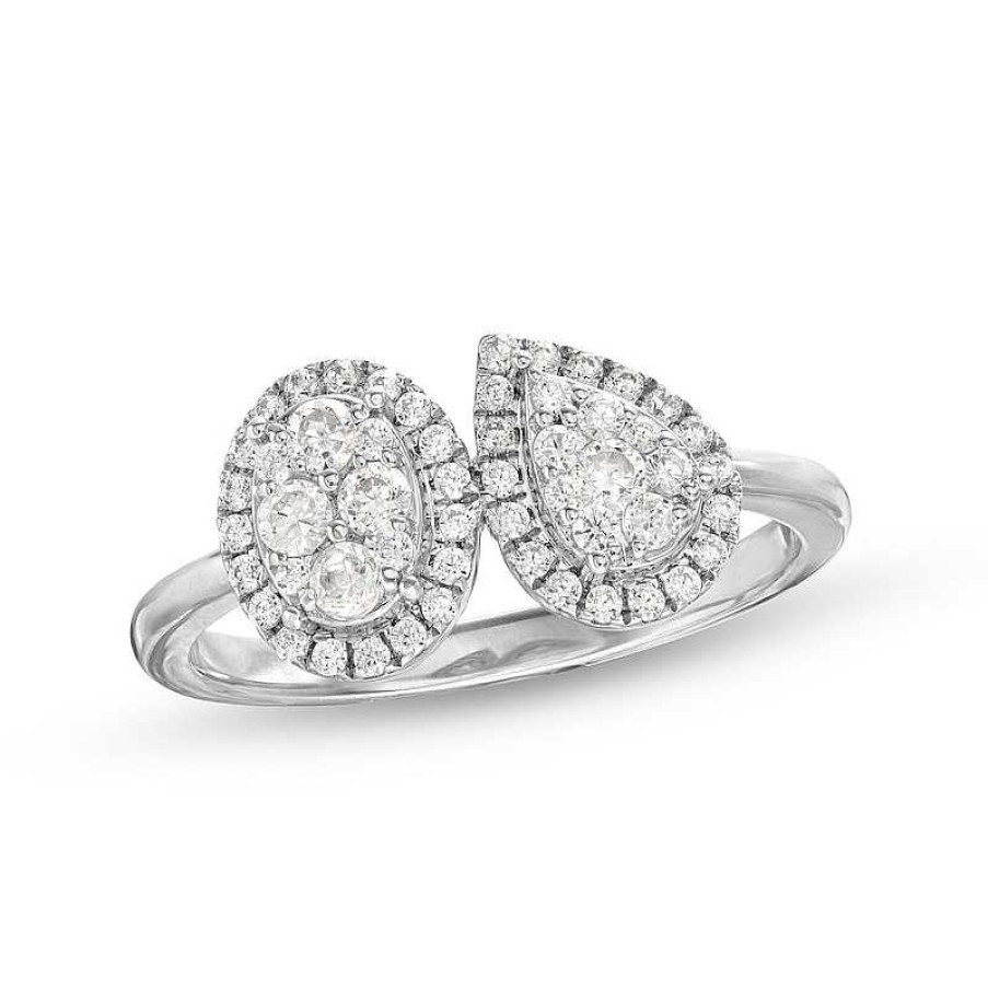 Zales 1/2 Ct. T.W. Pear And Oval Multi-Diamond Frame Two Stone Ring In 10K White Gold Rings