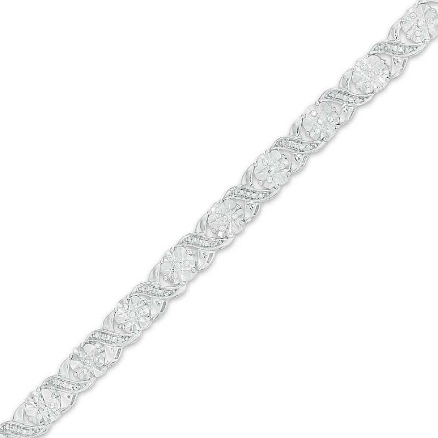 Zales 1/4 Ct. T.W. Diamond Floral "Xo" Link Bracelet In Sterling Silver - 7.25" Bracelets