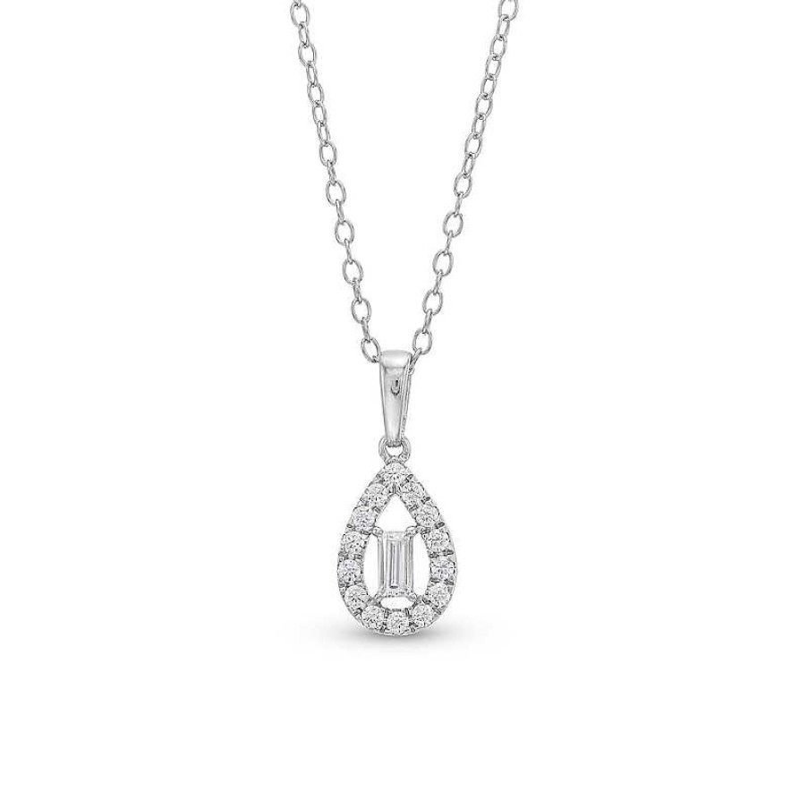 Zales 1/4 Ct. T.W. Baguette-Cut Diamond Open Teardrop-Shaped Frame Pendant In 10K White Gold Necklaces