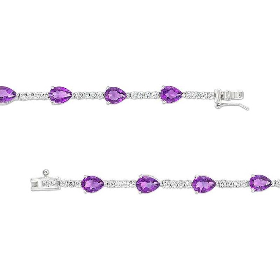 Zales Pear-Shaped Amethyst And White Lab-Created Sapphire Station Line Bracelet In Sterling Silver - 7.25" Bracelets