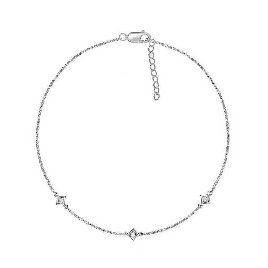 Zales 1/20 Ct. T.W. Diamond Triple Tilted Square Frame Anklet In Sterling Silver 10" Bracelets