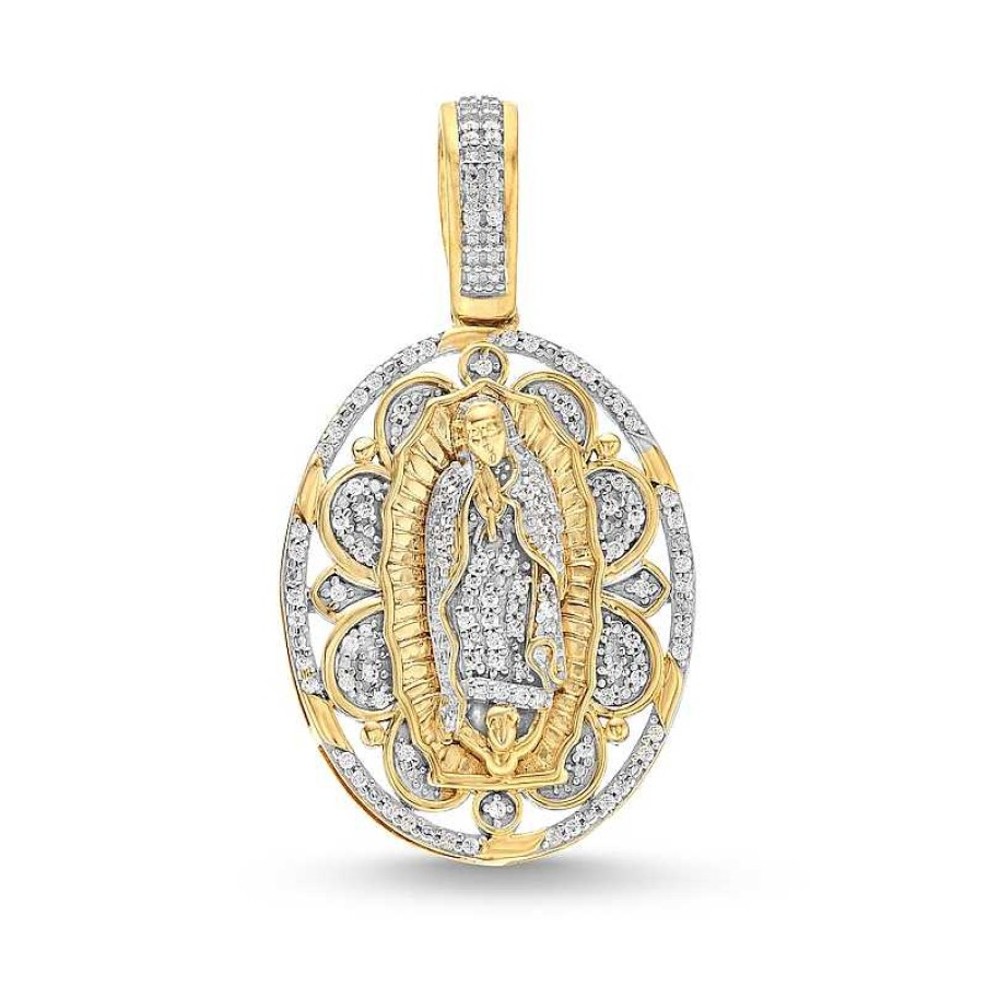 Zales Men'S 1/6 Ct. T.W. Diamond Our Lady Of Guadalupe Oval Frame Necklace Charm In 10K Gold Necklaces