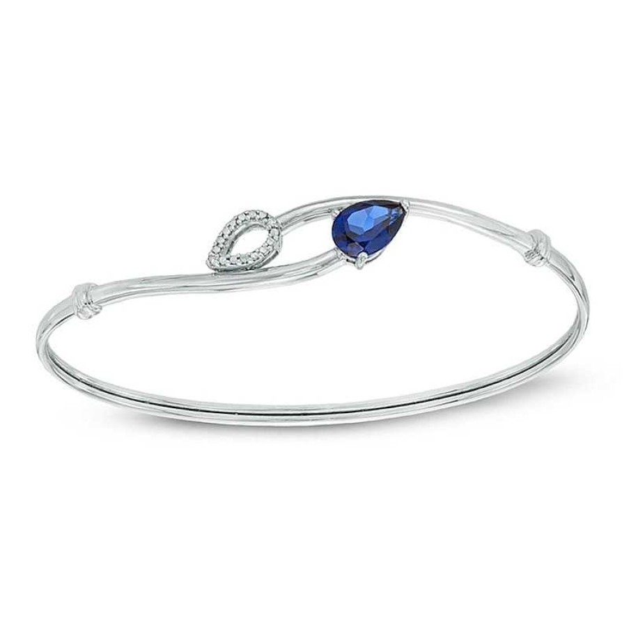 Zales Pear-Shaped Lab-Created Blue Sapphire And Diamond Accent Bangle In Sterling Silver Bracelets