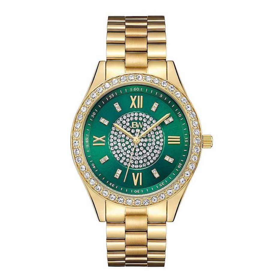 JBW Ladies' Jbw Mondrian 1/6 Ct. T.W. Diamond And Crystal Accent 18K Gold Plate Watch With Green Dial (Model: J6303E) Watches