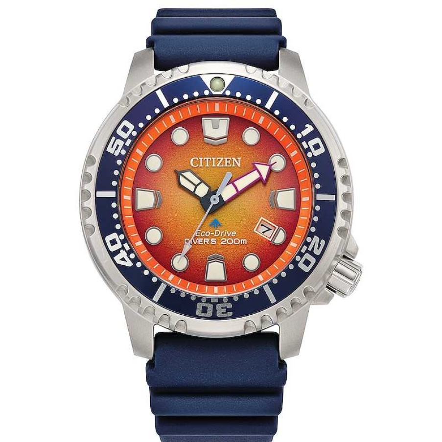 Citizen Men'S Citizen Eco-Drive® Promaster Dive Blue Strap Watch With Orange Dial (Model: Bn0169-03X) Watches