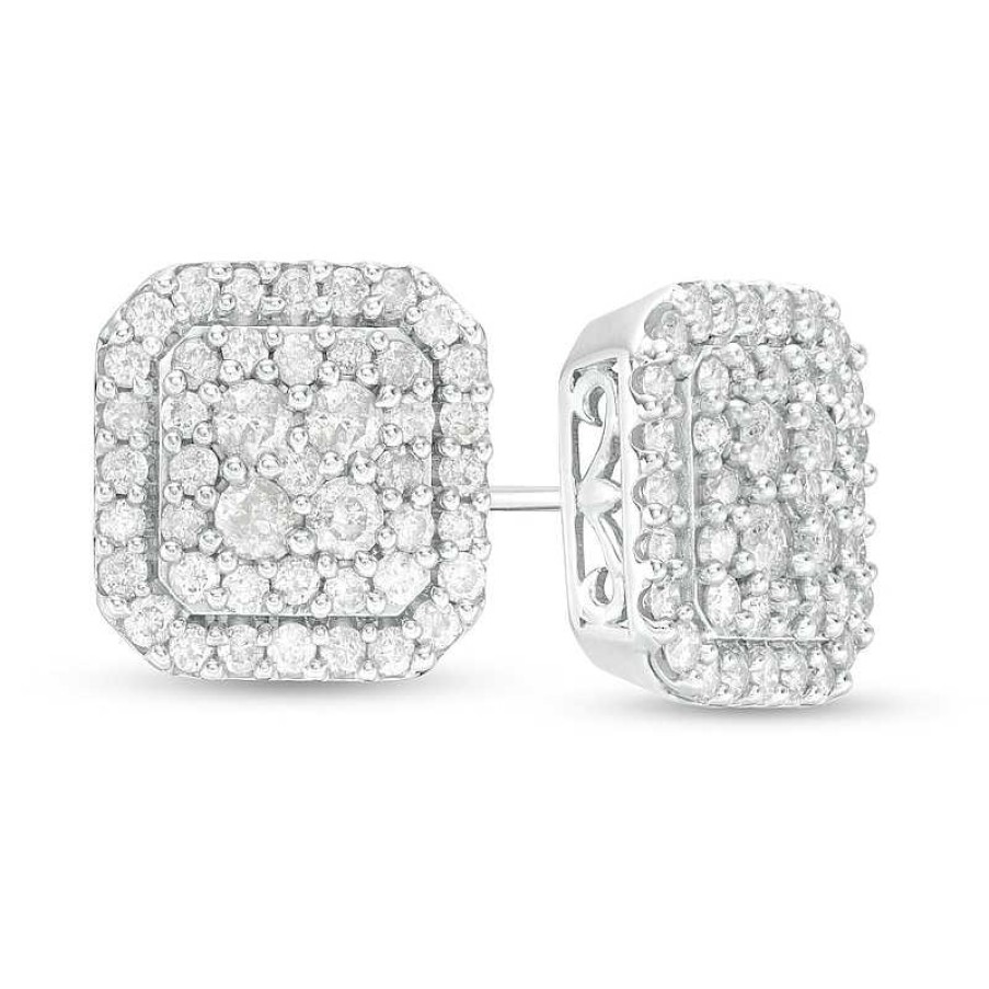 Zales 1-1/4 Ct. T.W. Cushion-Shaped Multi-Diamond Frame Stud Earrings In 10K White Gold Earrings