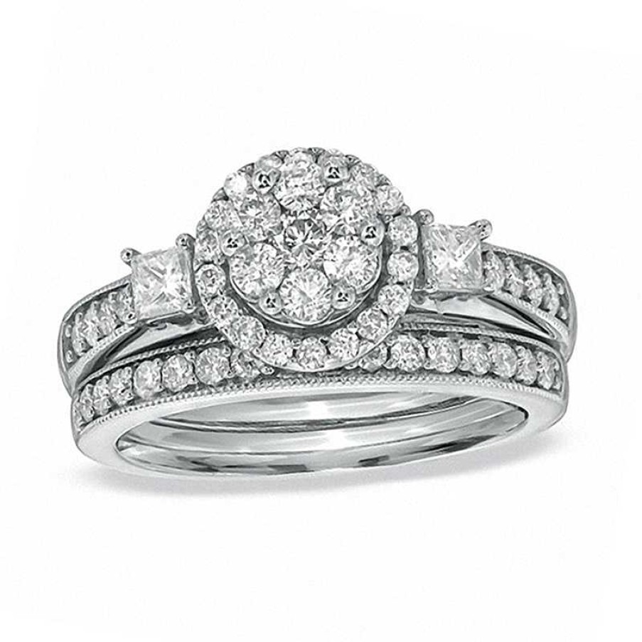 Zales 1 Ct. T.W. Round And Princess-Cut Diamond Flower Bridal Set In 10K White Gold Rings