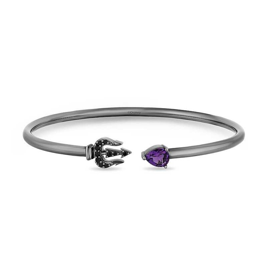 Zales Enchanted Disney Villains Ursula Pear-Shaped Amethyst And 1/8 Ct. T.W. Black Diamond Open Bangle In Sterling Silver Bracelets