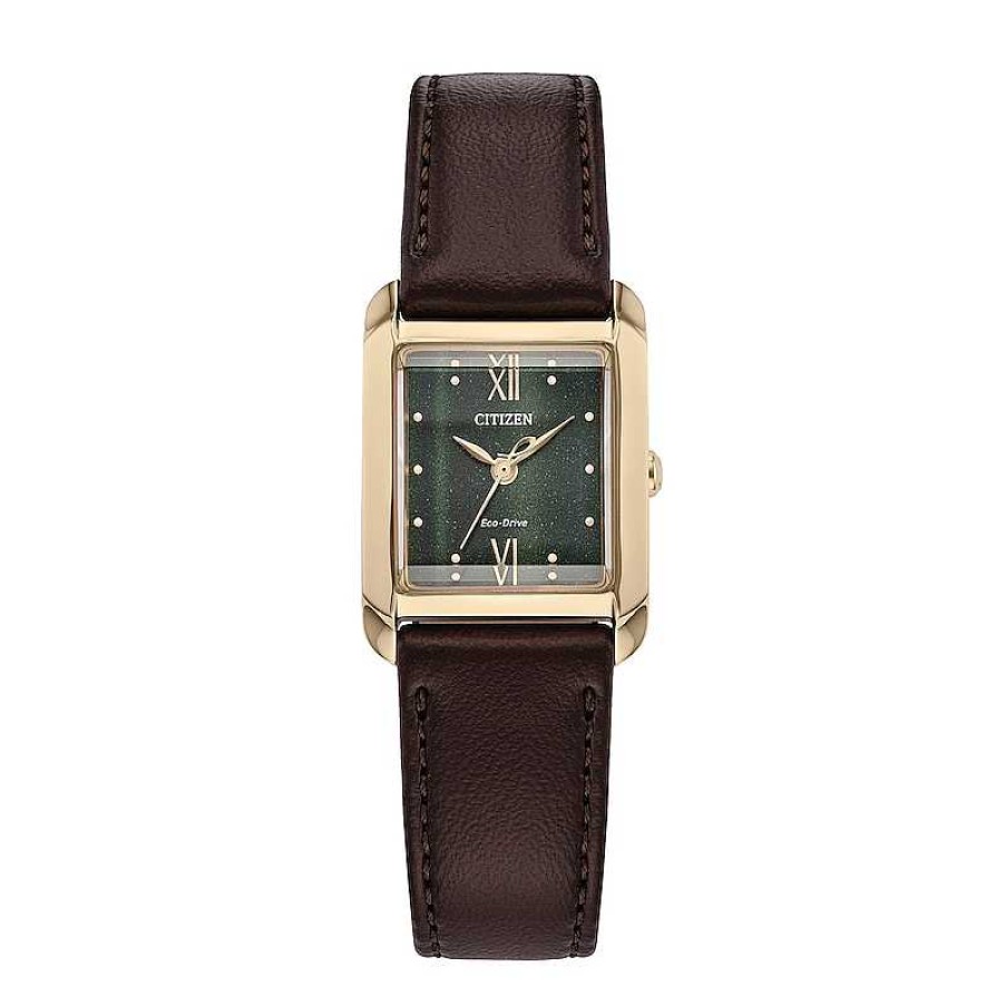 Citizen Ladies' Citizen Eco-Drive® Bianca Rose-Tone Brown Leather Strap Watch With Square Green Dial (Model: Ew5593-13X) Watches